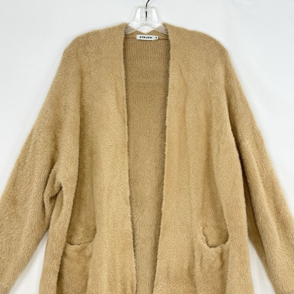 STELEN Fuzzy Knit Long Cardigan Sweater Camel Tan Open Front Slouchy Womens Sz M - Picture 5 of 16
